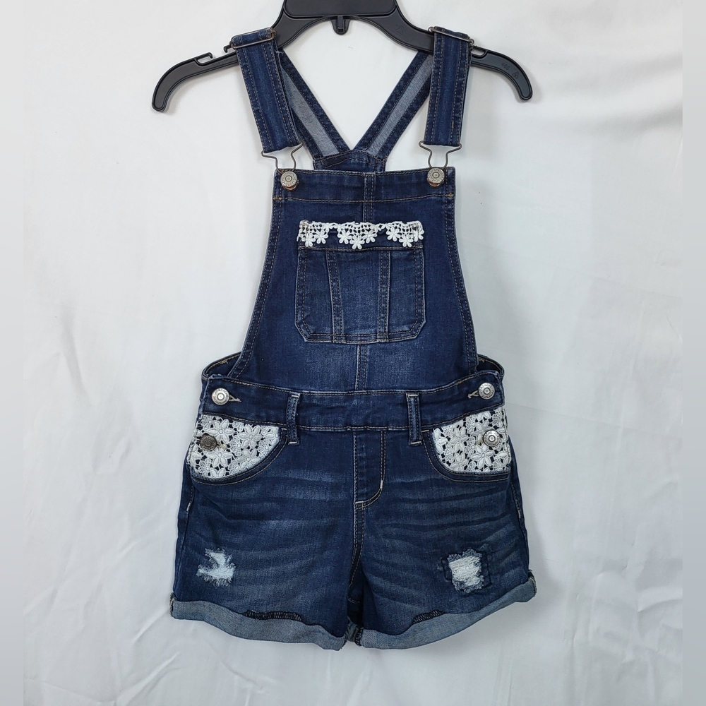 Jordache Girls Dark Blue Denim Bib Floral Lace Boho Overall Jean Shorts M 7/8